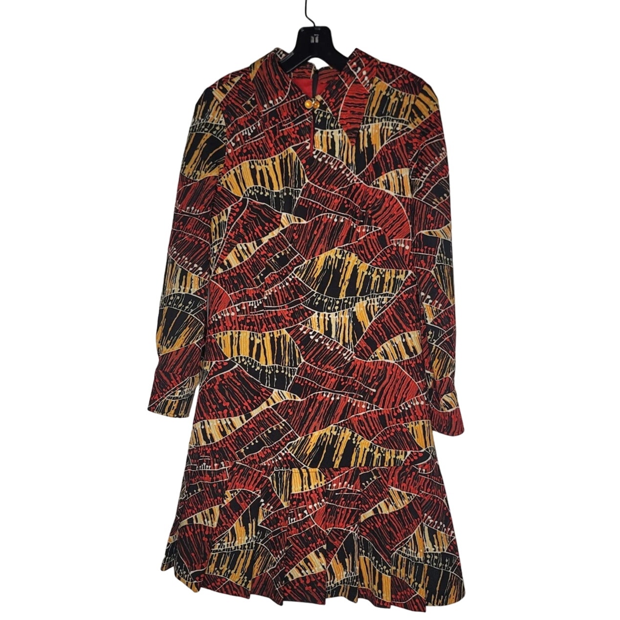 Vintage Geometric Gold Red Black 1960s Mini Dress Long Sleeve Medium Button